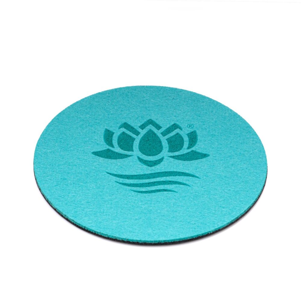Produktbild: Filzuntersetzer in türkis mit Lotus Vita Logo.