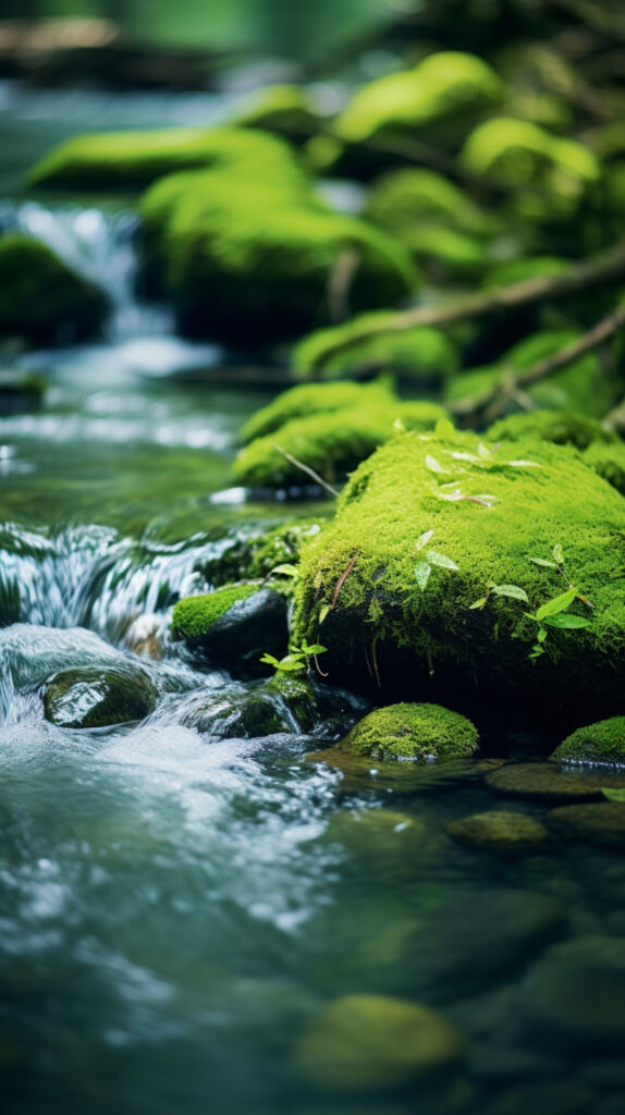 Stimmungsbild: Fluss fließt langdam mit mossbedeckten Steinen am Ufer.