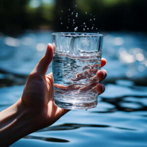 Mann hält Glas mit sprudelndem Wasser in der Hand.