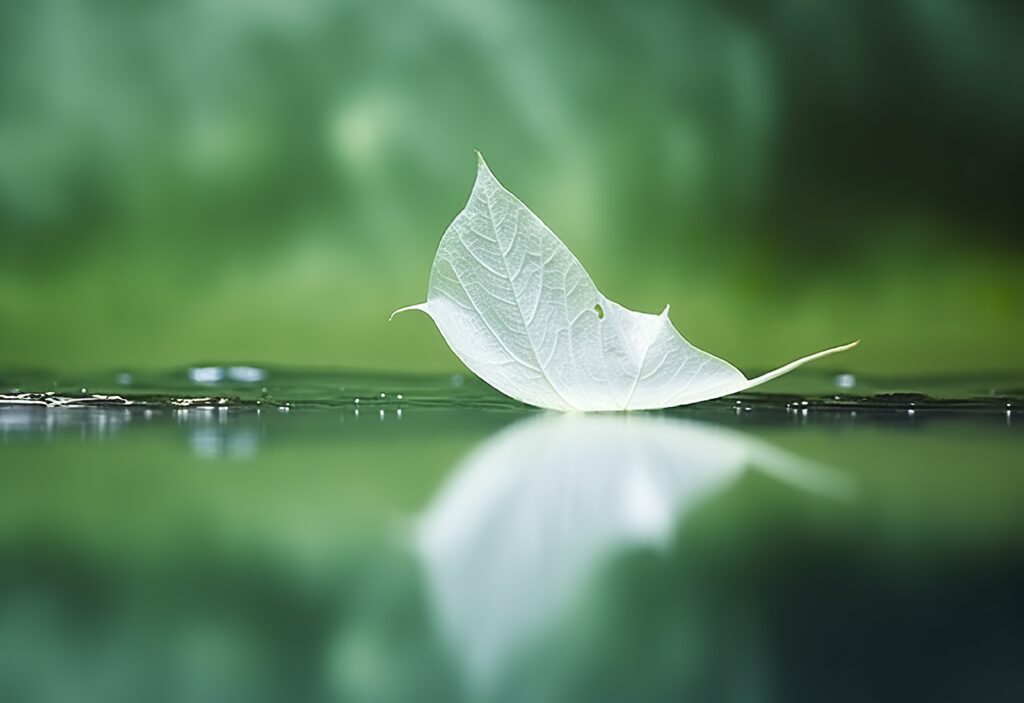 Stimmungsbild: Blatt auf klarem Wasser, dessen Spiegelbild im Wasser reflektiert wird. Im Hintergrund grüne Natur.