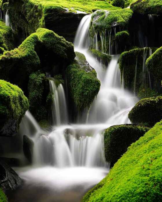 Stimmungsbild: Wasserfall zwischen moosbedeckten Felsen.